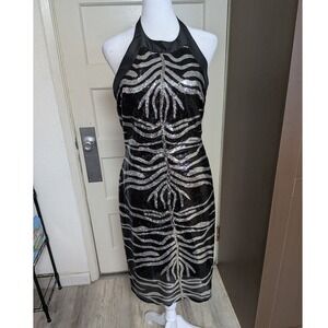 NWT Joseph Ribkoff Black Silver Sequin Zebra Halter Sheath‎ Dress Size 8